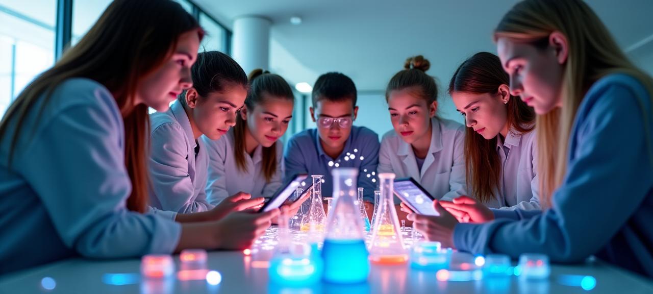 High school students using tablets with AR overlays to visualize chemical reactions.